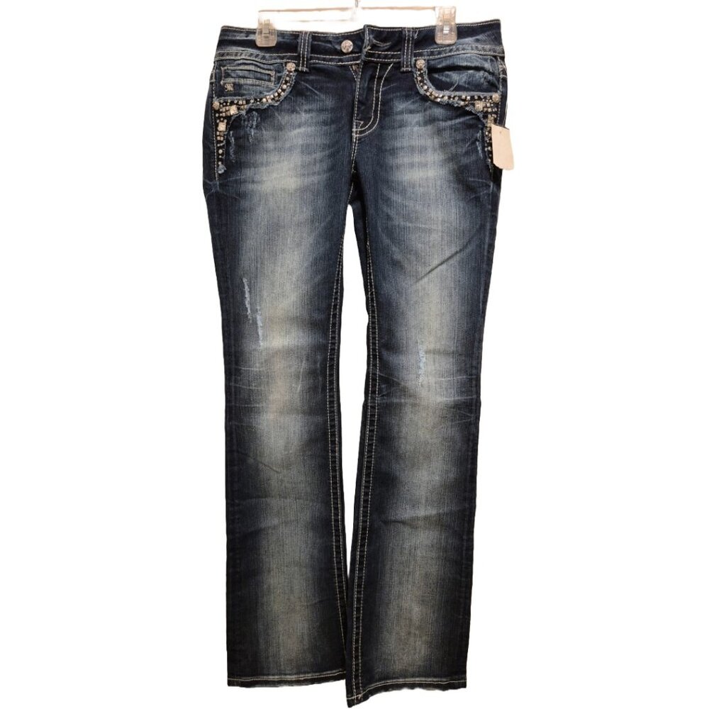 NWT Women's Miss Me Blue Denim Rhinestone Distressed Cowgirl Bootcut Jeans Sz 31